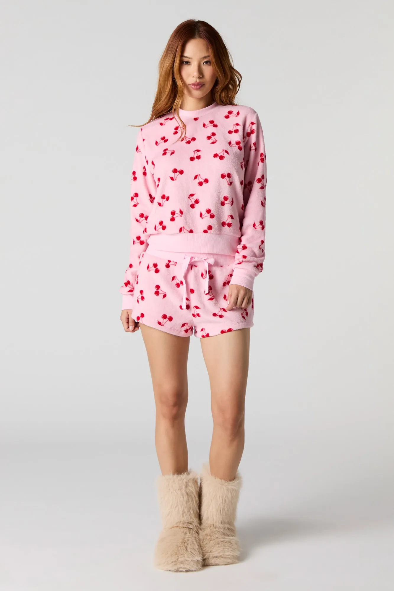 Printed Plush Long Sleeve Top & Short 2 Piece Pajama Set