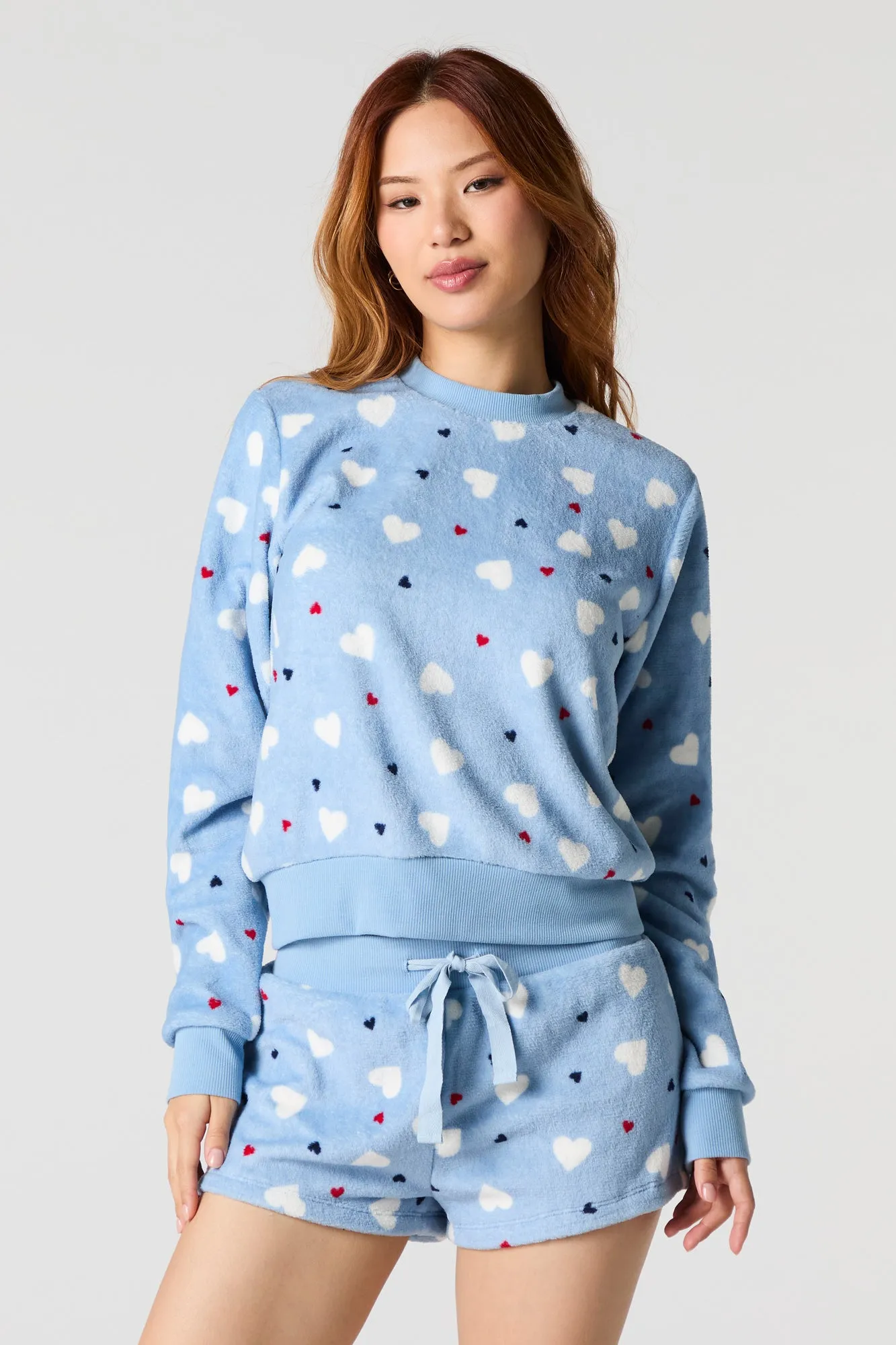 Printed Plush Long Sleeve Top & Short 2 Piece Pajama Set