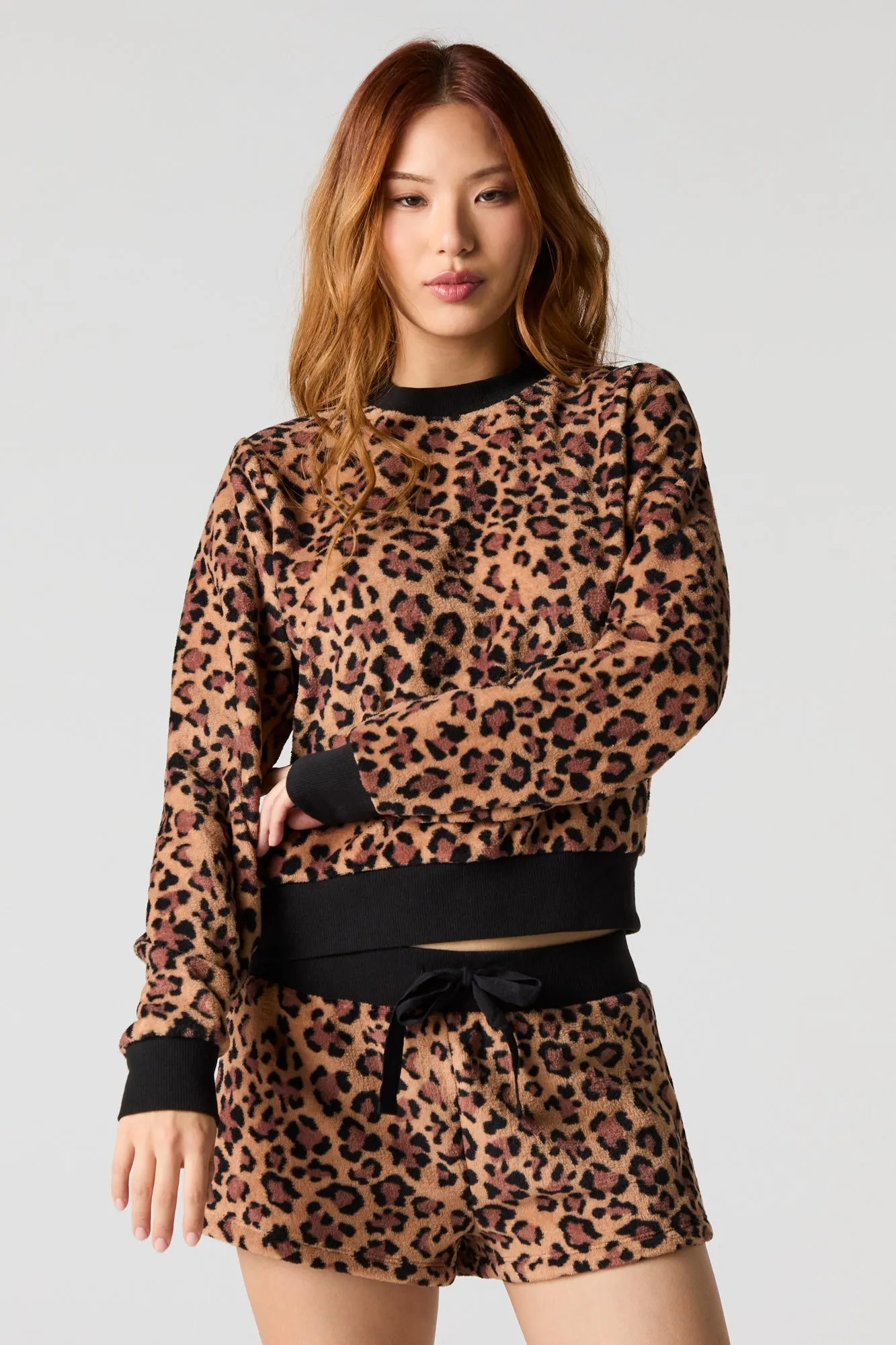 Printed Plush Long Sleeve Top & Short 2 Piece Pajama Set