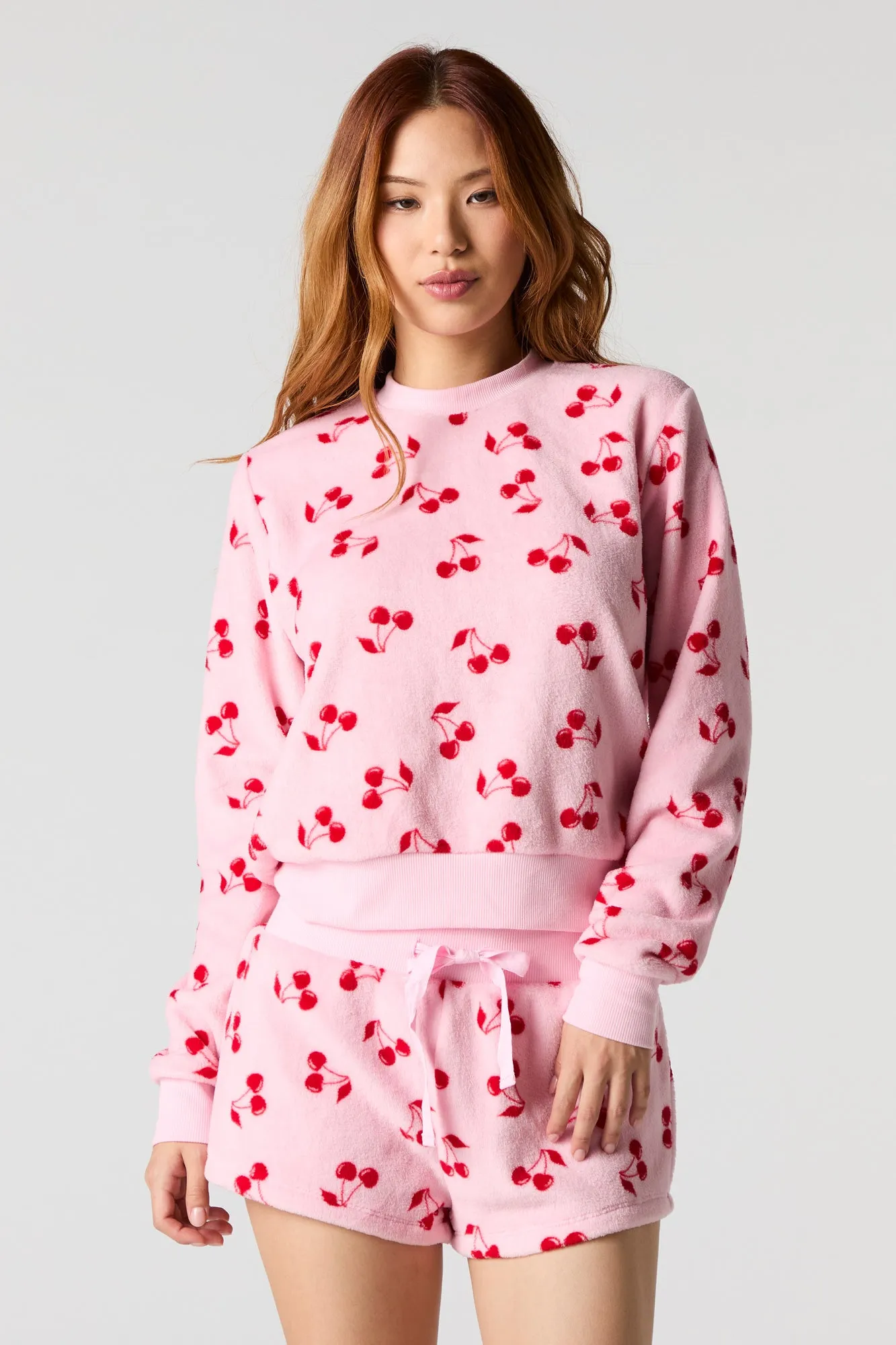 Printed Plush Long Sleeve Top & Short 2 Piece Pajama Set
