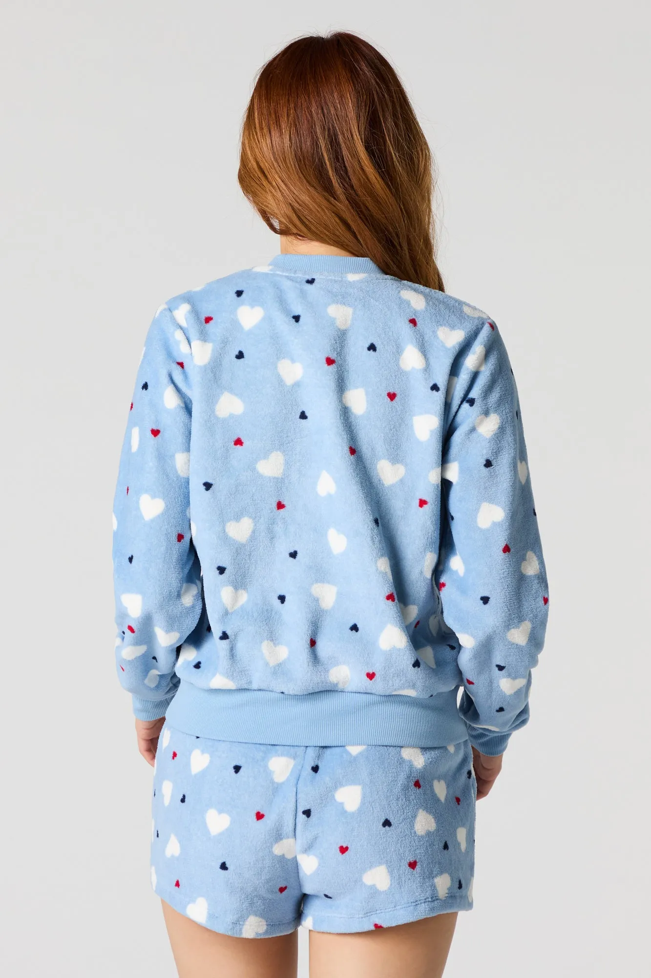 Printed Plush Long Sleeve Top & Short 2 Piece Pajama Set