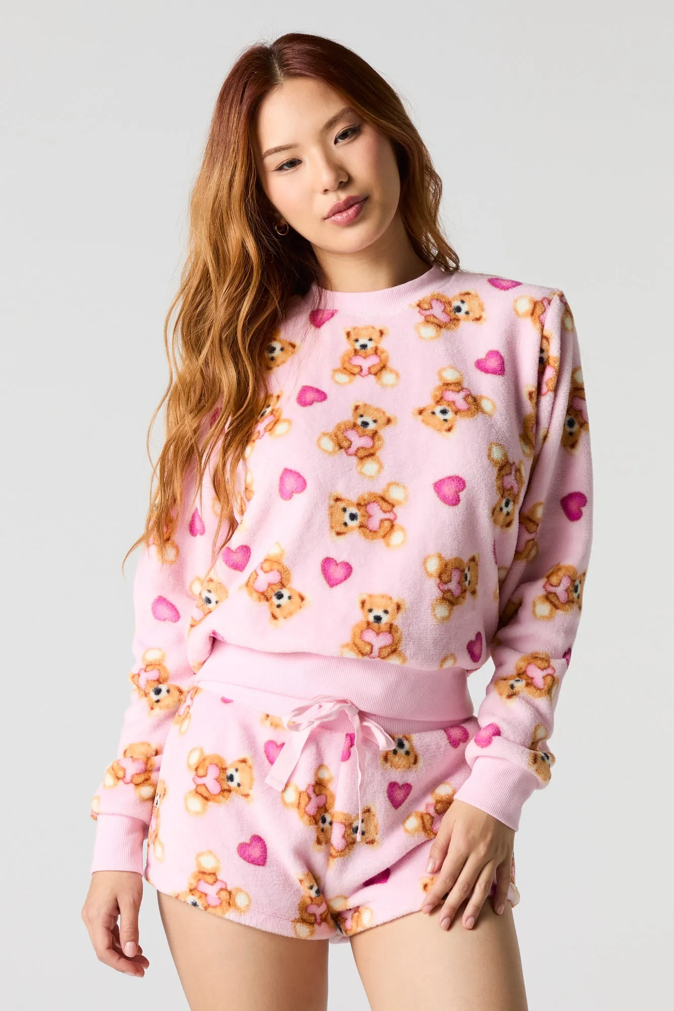 Printed Plush Long Sleeve Top & Short 2 Piece Pajama Set