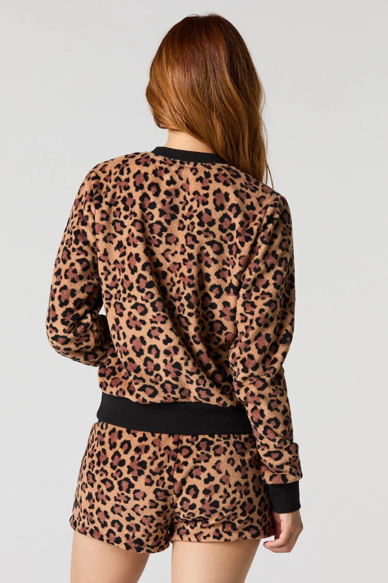 Printed Plush Long Sleeve Top & Short 2 Piece Pajama Set