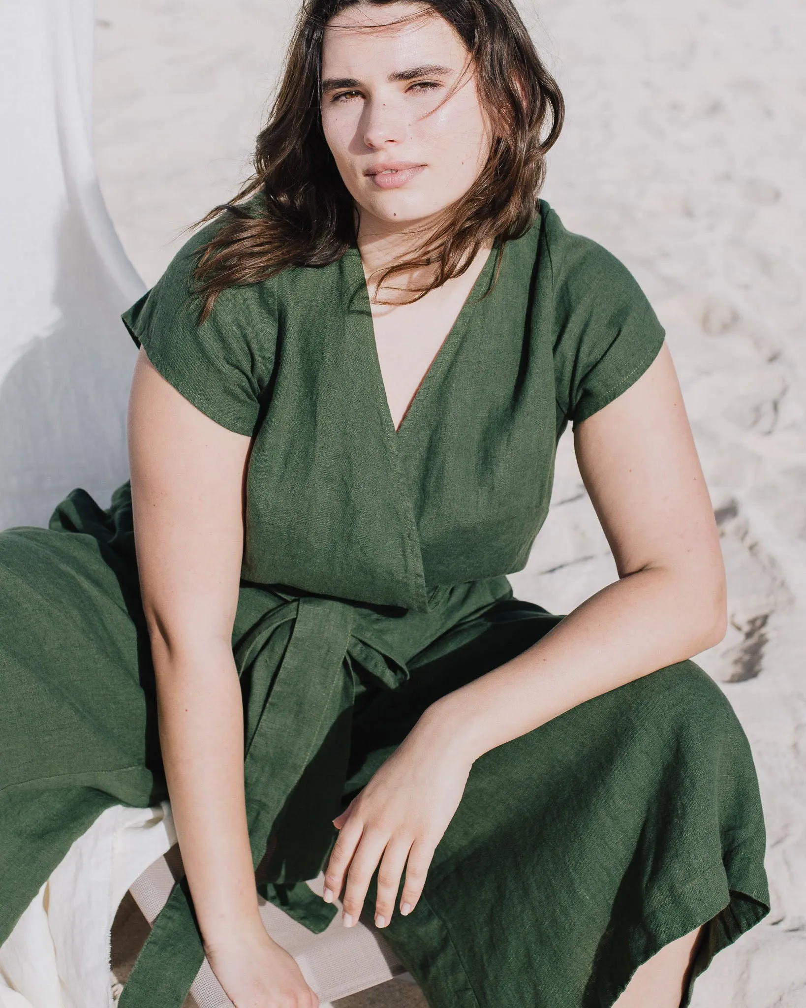 R: Midi TORINO wrap linen jumpsuit (Size: M; Color: Bronze Brown)
