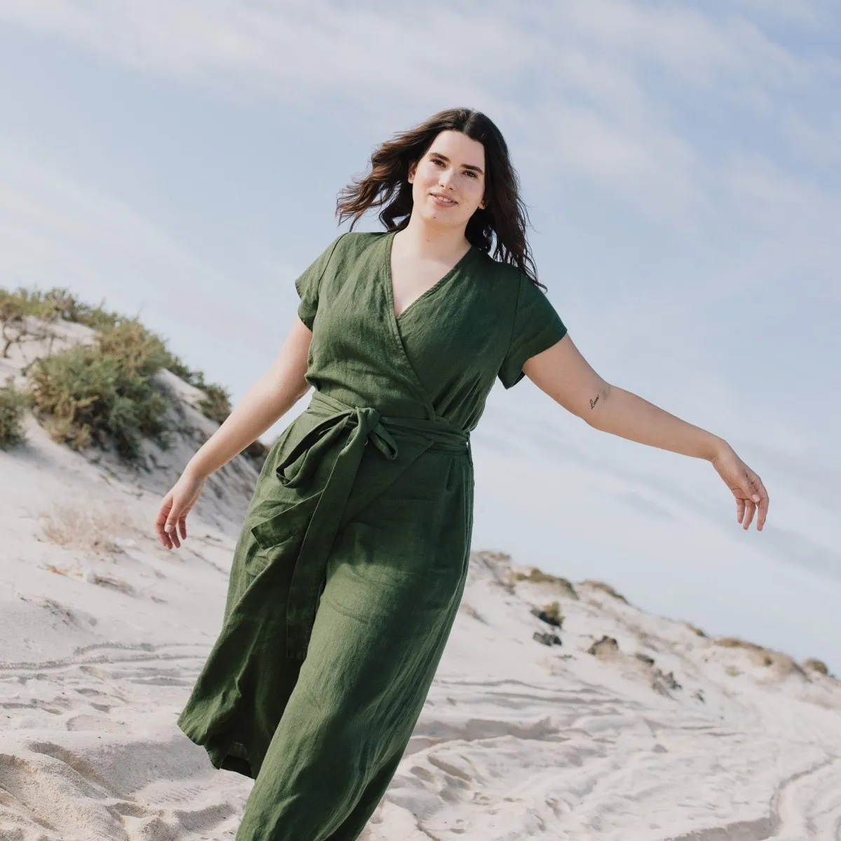 R: Midi TORINO wrap linen jumpsuit (Size: M; Color: Bronze Brown)