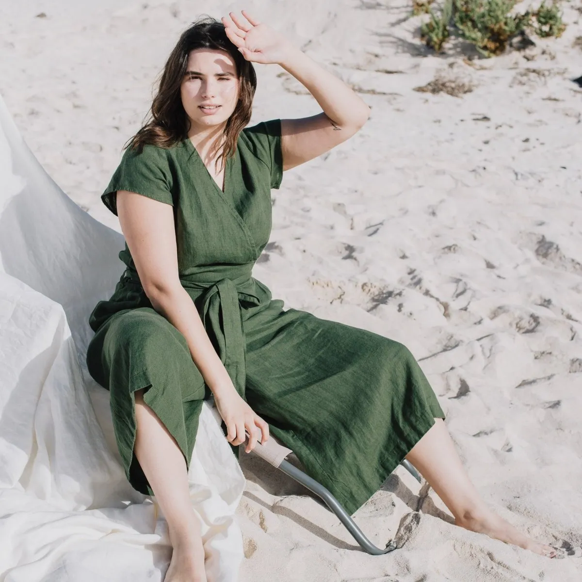 R: Midi TORINO wrap linen jumpsuit (Size: M; Color: Bronze Brown)