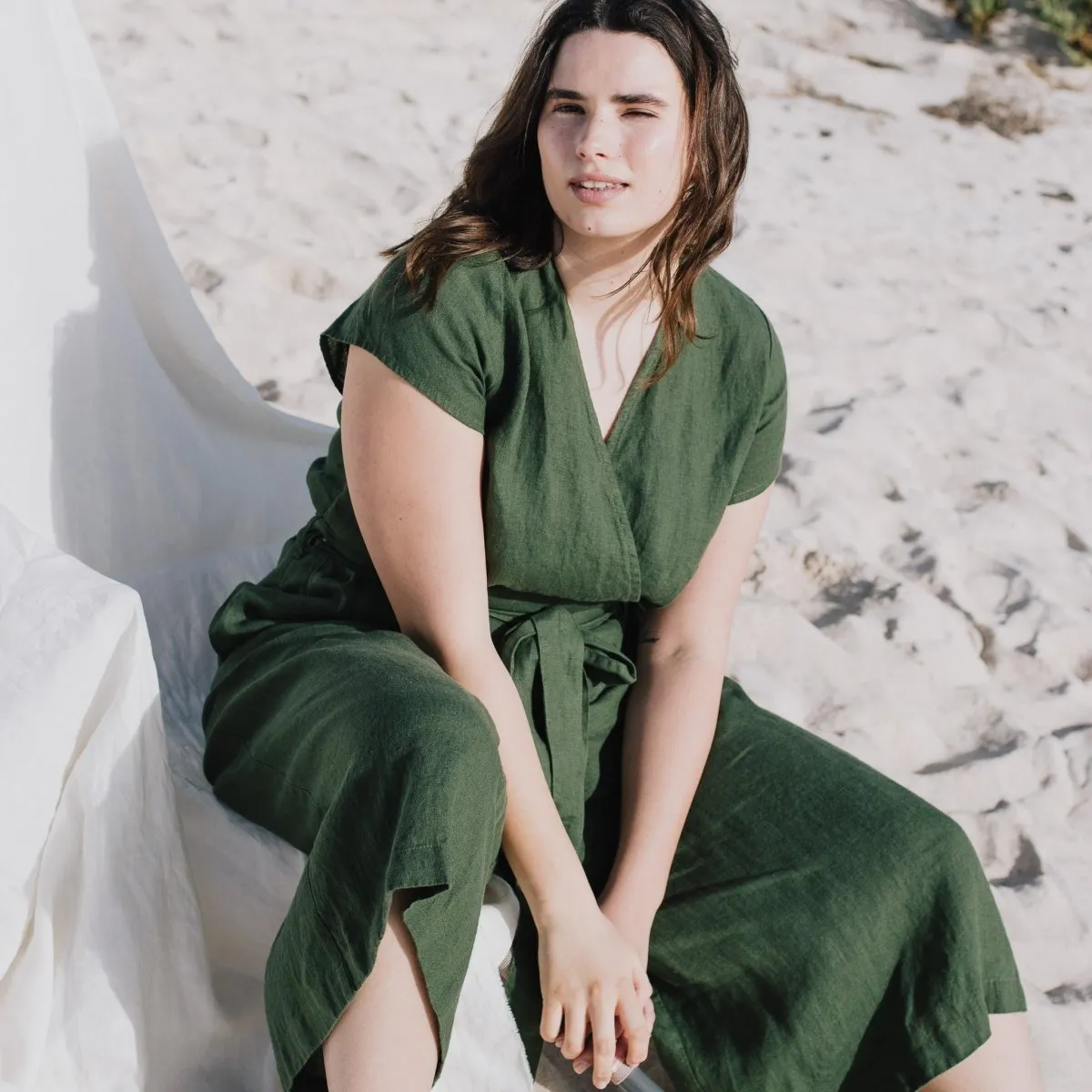 R: Midi TORINO wrap linen jumpsuit (Size: M; Color: Bronze Brown)
