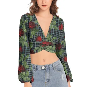 Rose Lattice Women's Deep V-Neck Lantern Sleeve Crop Top