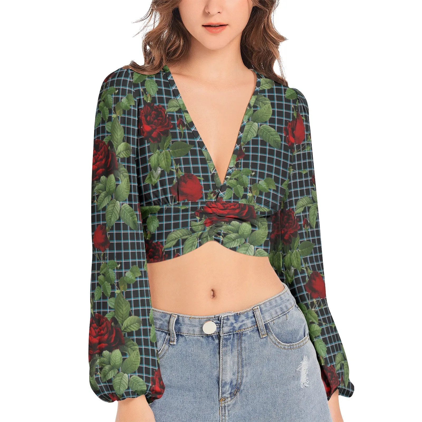 Rose Lattice Women's Deep V-Neck Lantern Sleeve Crop Top