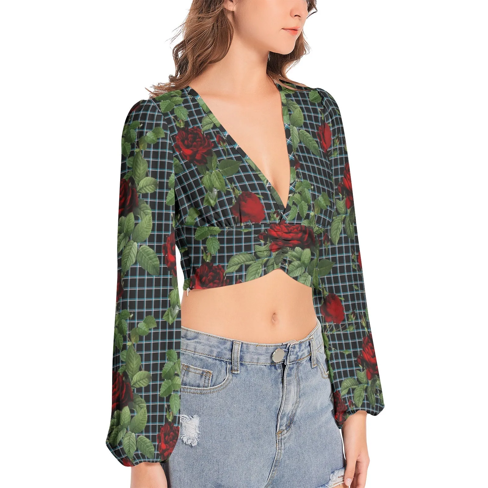 Rose Lattice Women's Deep V-Neck Lantern Sleeve Crop Top