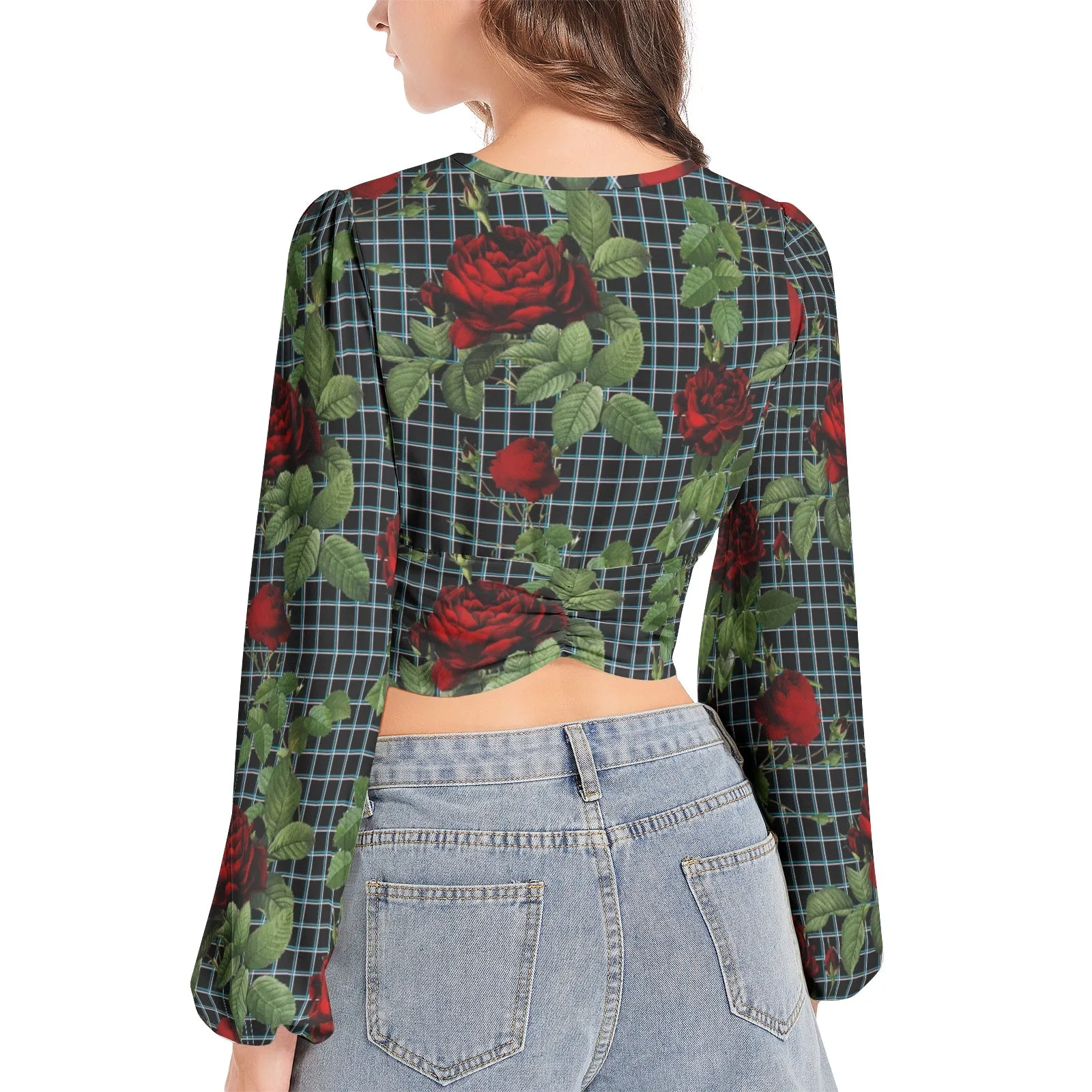 Rose Lattice Women's Deep V-Neck Lantern Sleeve Crop Top
