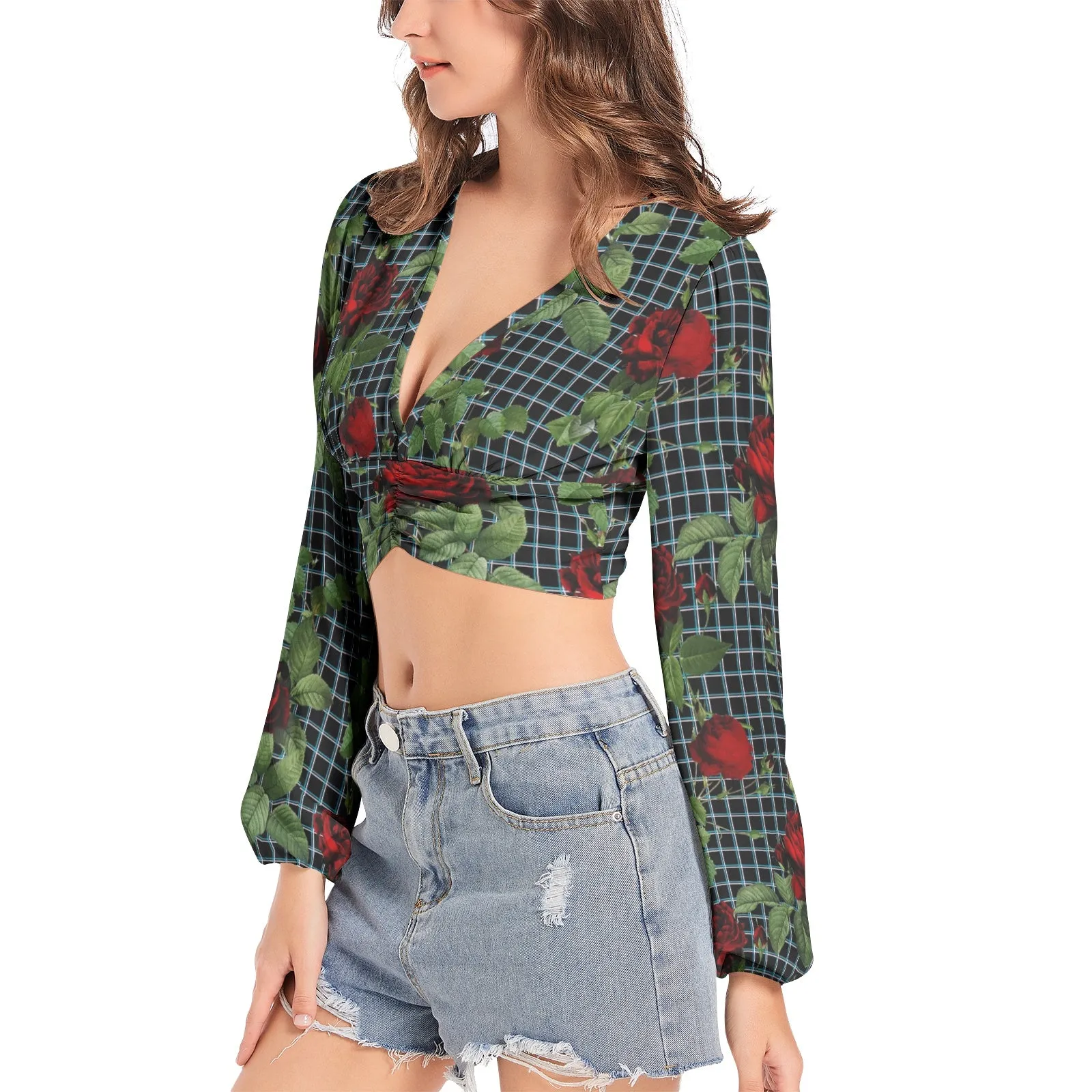 Rose Lattice Women's Deep V-Neck Lantern Sleeve Crop Top