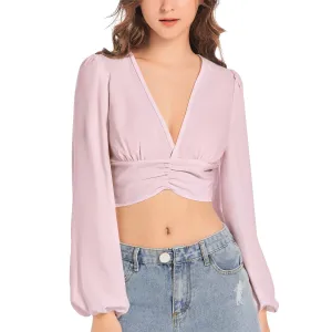 Rose Pink Women's Deep V-Neck Lantern Sleeve Crop Top