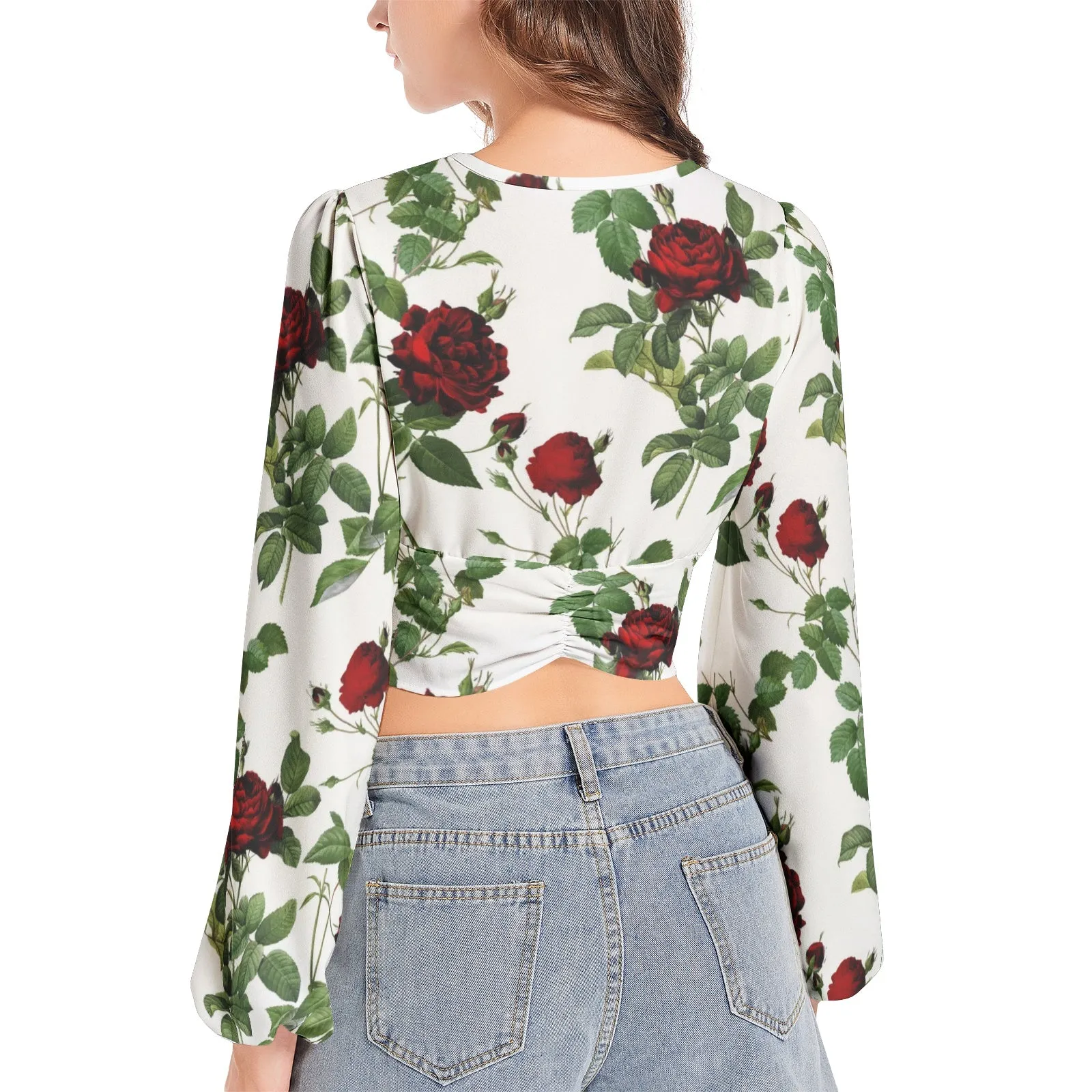 Rose Print Women's Deep V-Neck Lantern Sleeve Crop Top