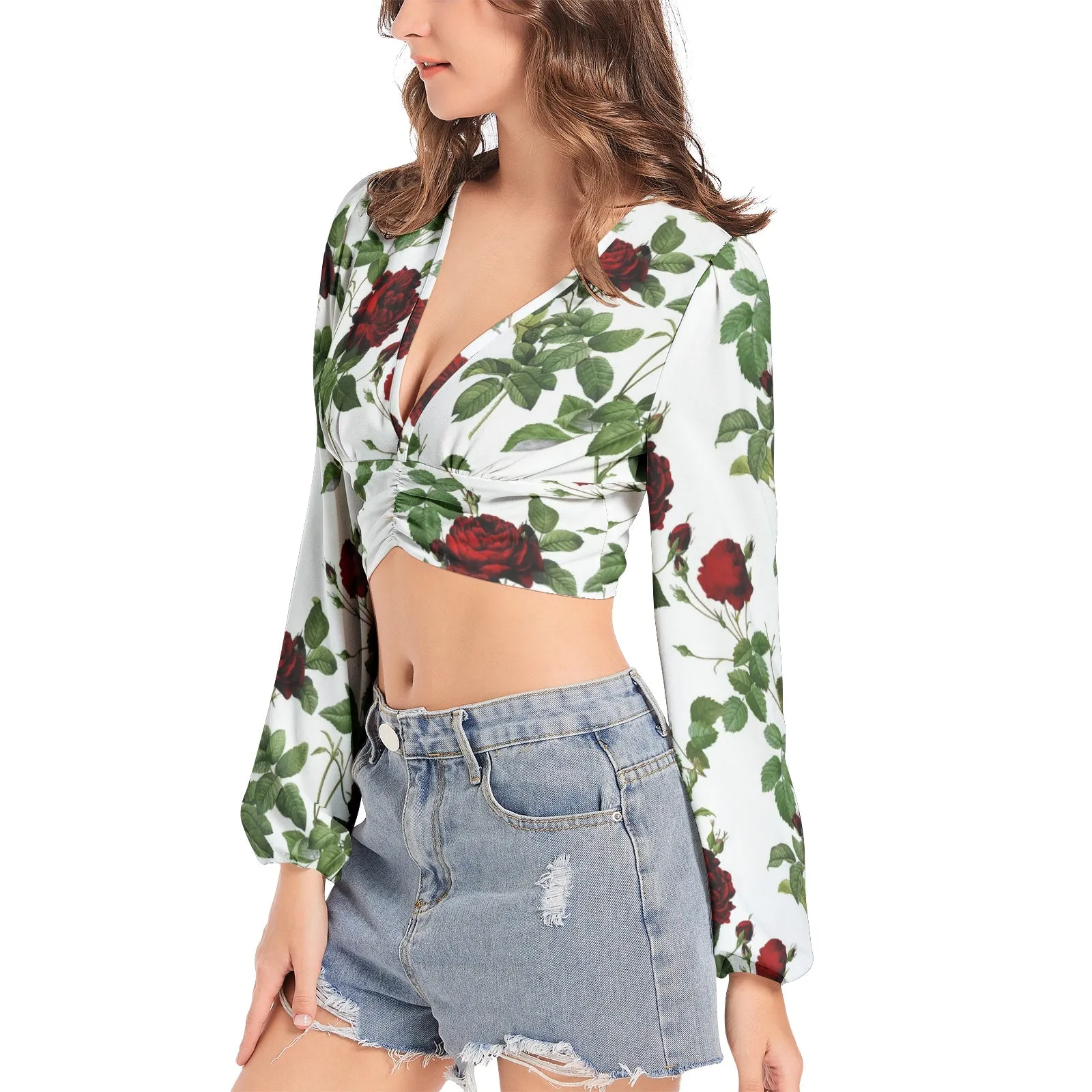 Rose Print Women's Deep V-Neck Lantern Sleeve Crop Top