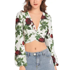 Rose Print Women's Deep V-Neck Lantern Sleeve Crop Top