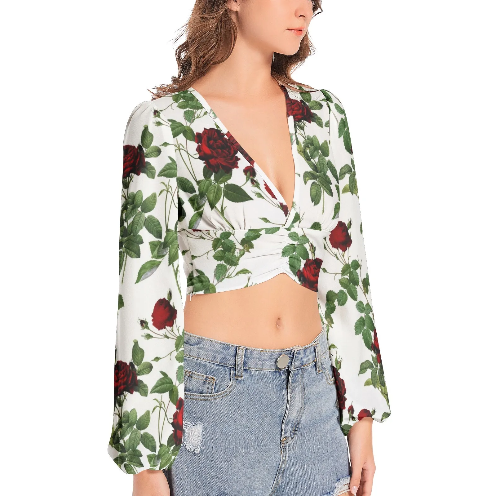 Rose Print Women's Deep V-Neck Lantern Sleeve Crop Top