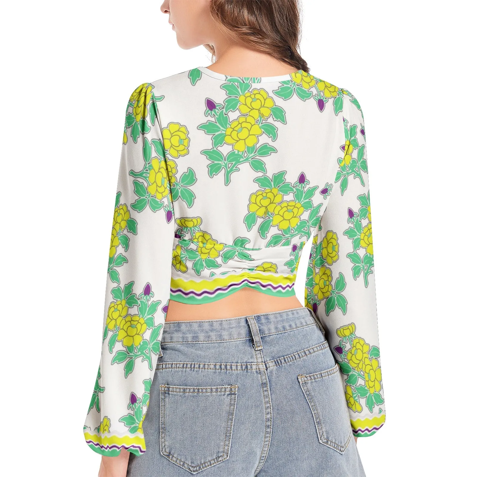 Royal Floral Women's Deep V-Neck Lantern Sleeve Crop Top