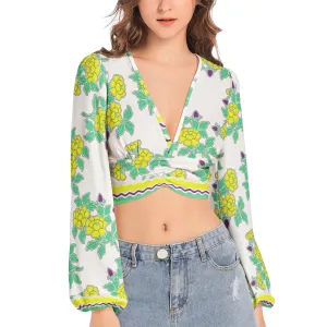 Royal Floral Women's Deep V-Neck Lantern Sleeve Crop Top