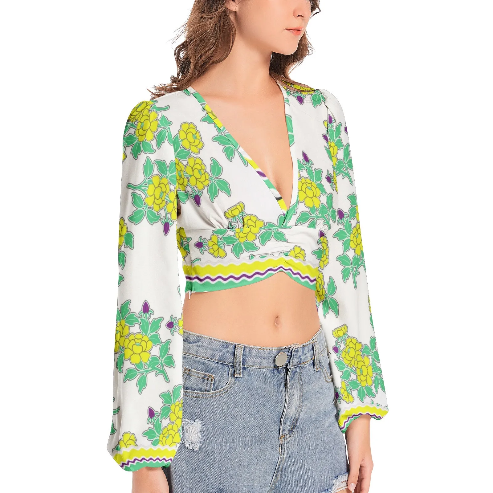 Royal Floral Women's Deep V-Neck Lantern Sleeve Crop Top