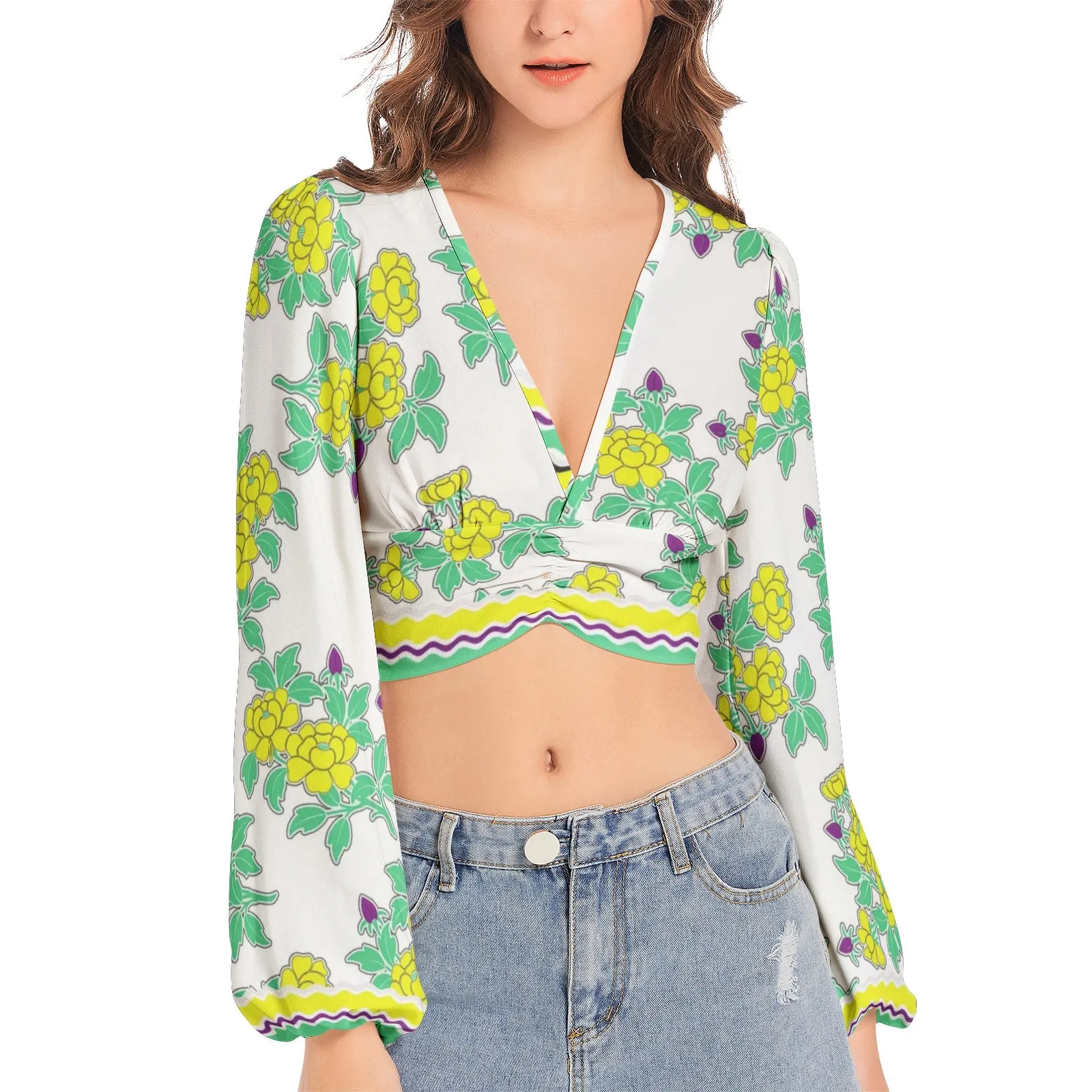 Royal Floral Women's Deep V-Neck Lantern Sleeve Crop Top