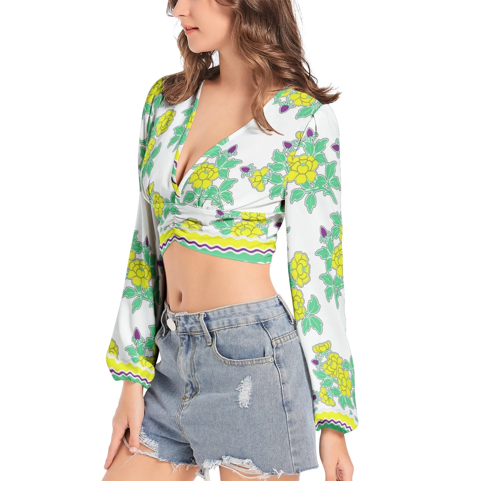 Royal Floral Women's Deep V-Neck Lantern Sleeve Crop Top