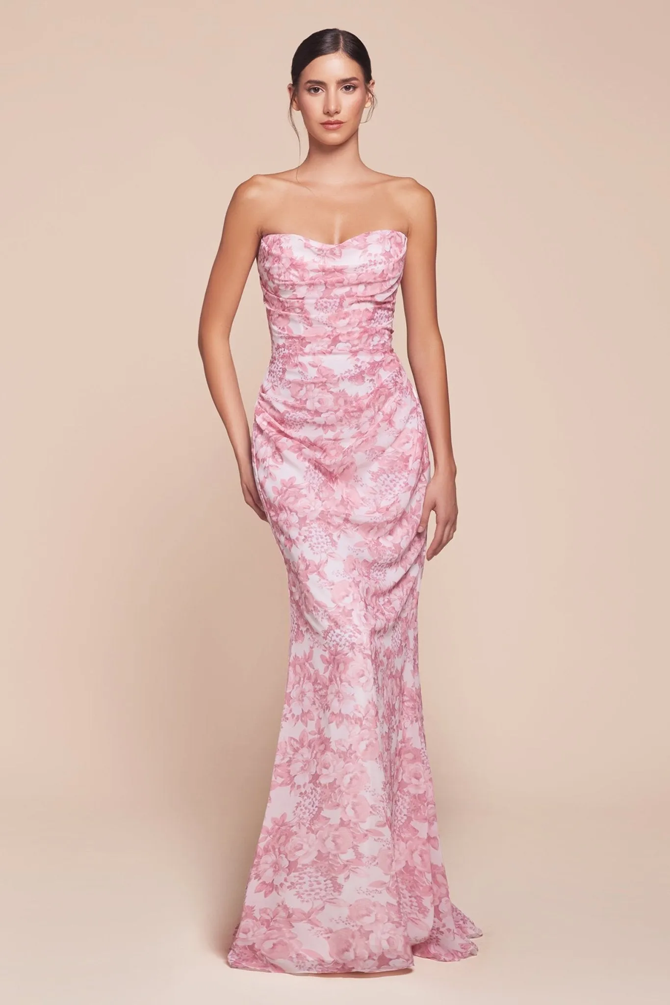 SELENA Strapless Floral Printed Soft Satin Fitted Bridesmaid Dress