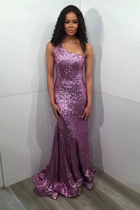 Sequin Fitted One Shoulder Gown by Jovani 23076