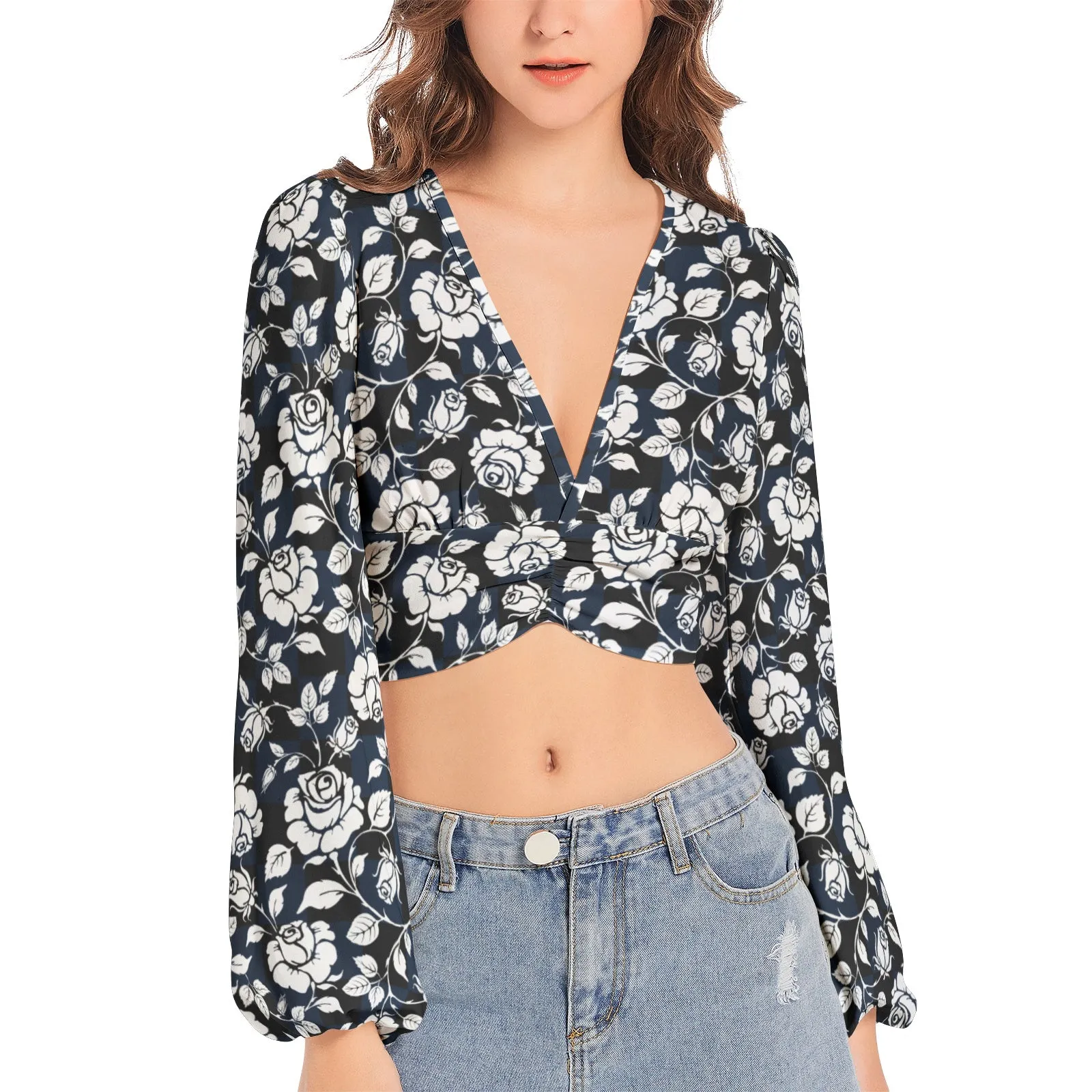 Silhouette of White Roses Women's Deep V-Neck Lantern Sleeve Crop Top