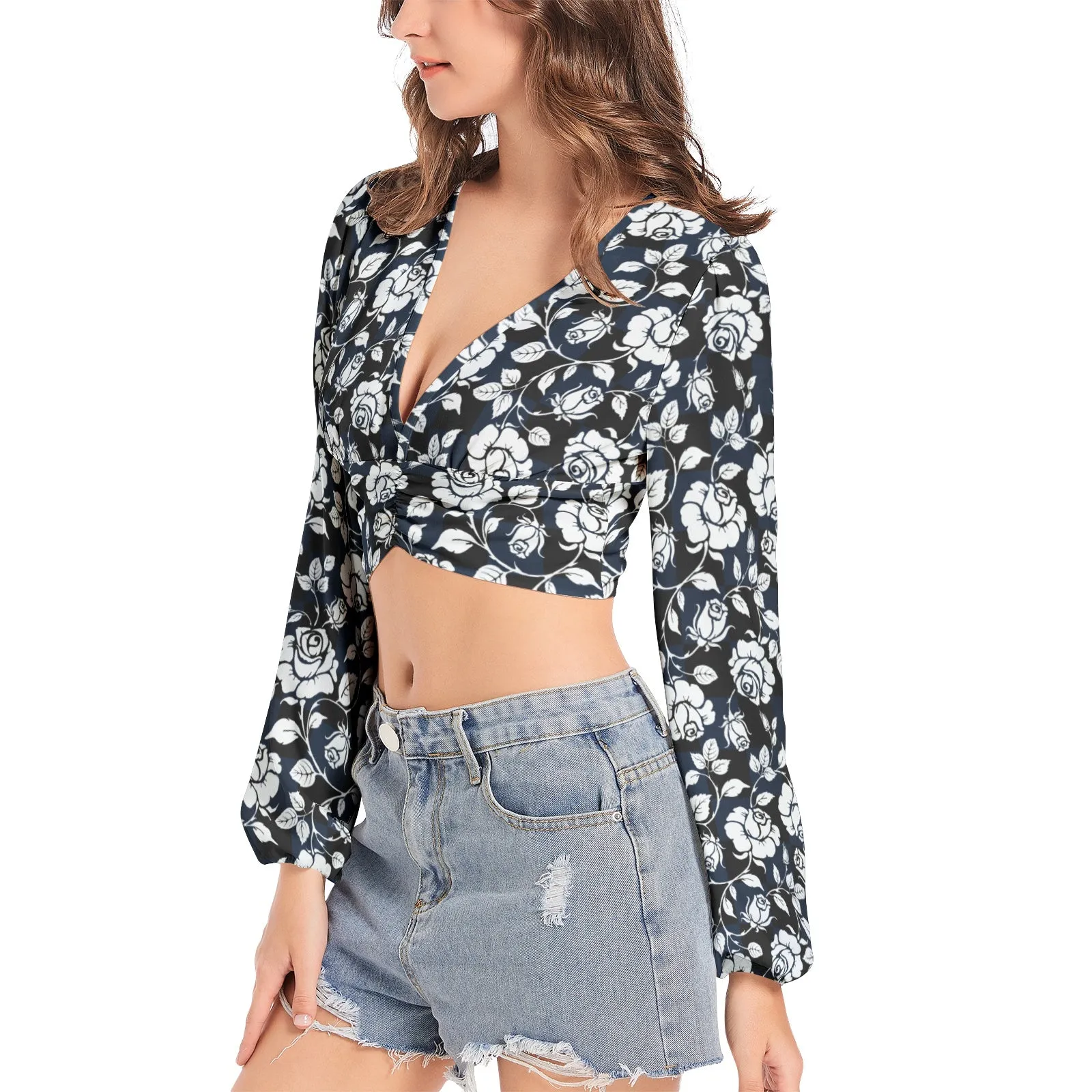 Silhouette of White Roses Women's Deep V-Neck Lantern Sleeve Crop Top