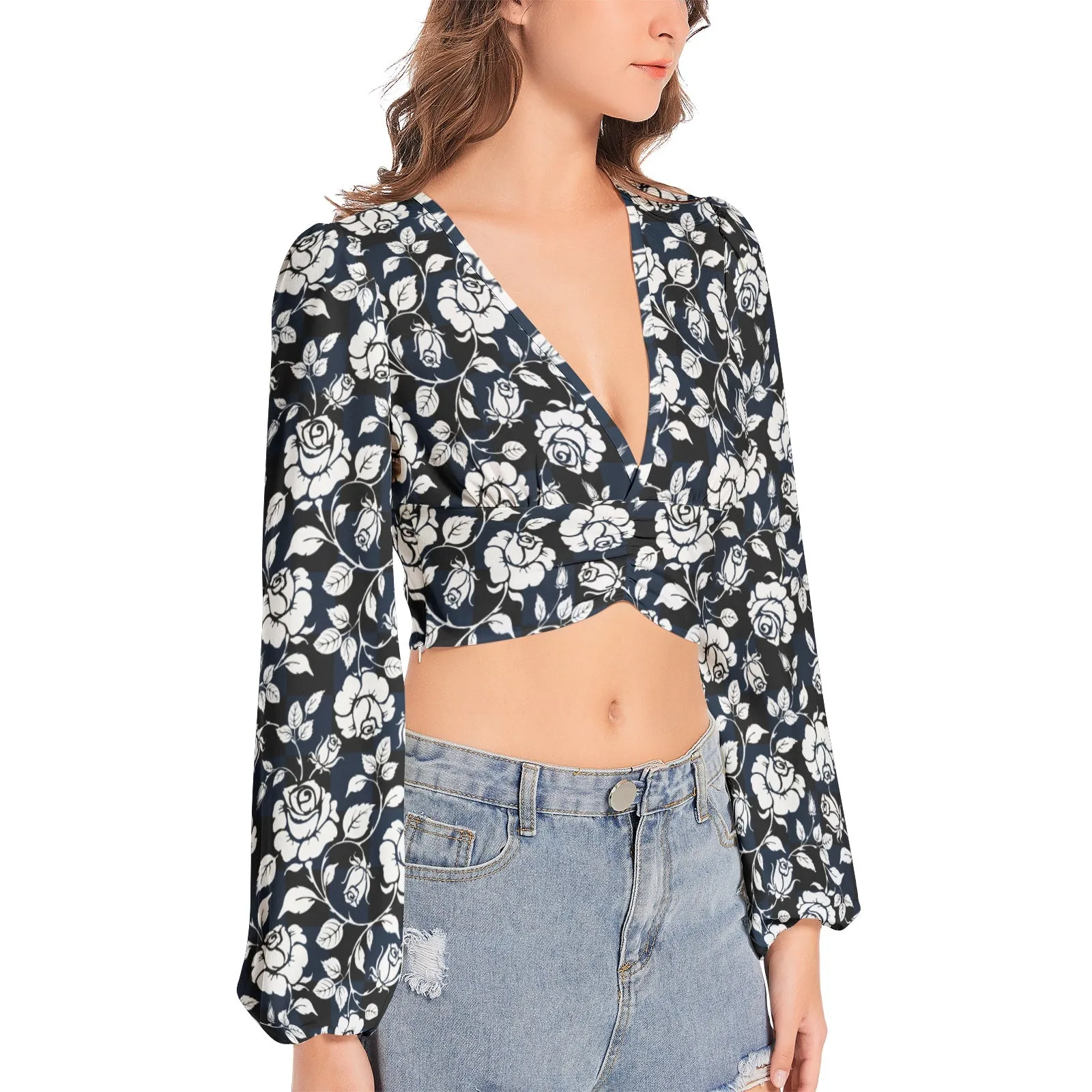 Silhouette of White Roses Women's Deep V-Neck Lantern Sleeve Crop Top