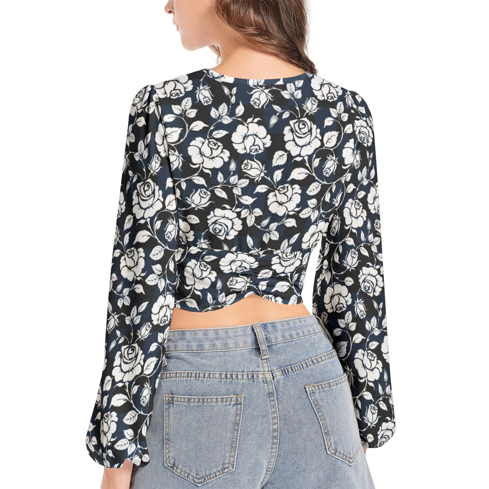 Silhouette of White Roses Women's Deep V-Neck Lantern Sleeve Crop Top