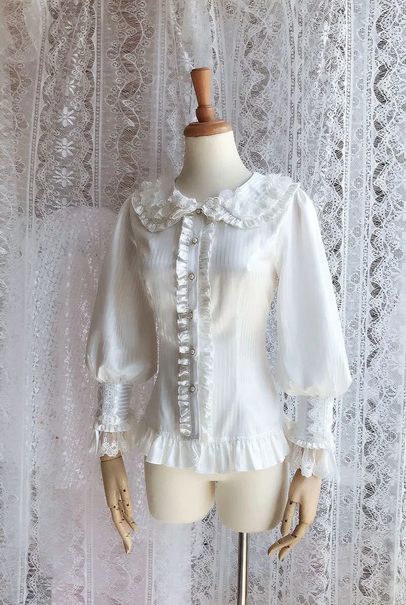 Sweet Thick Female Blouse Vintage Long Lantern Sleeve Striped Chiffon Shirt