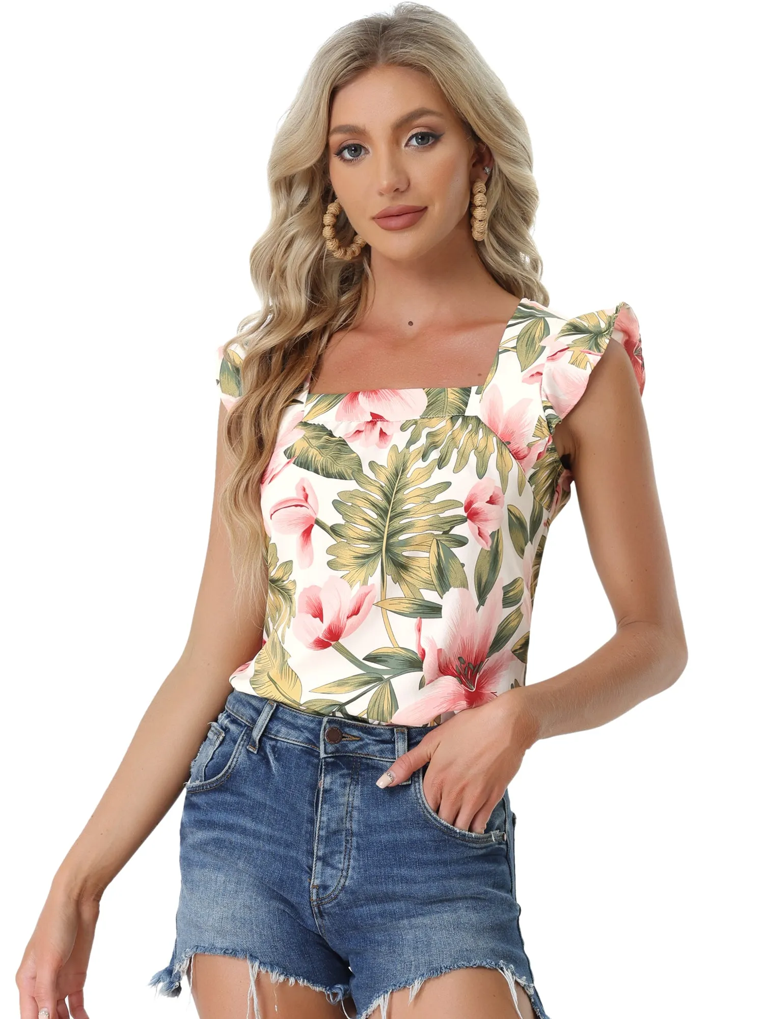 Tropical Printed Square Neck Ruffle Sleeve Tank Top