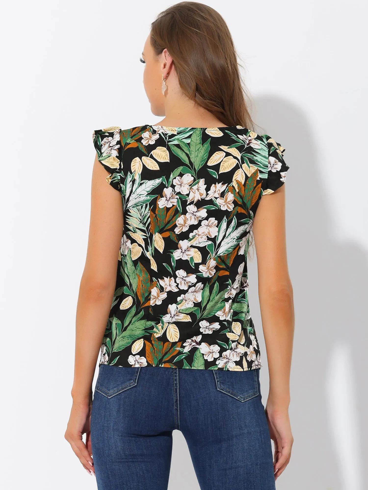 Tropical Printed Square Neck Ruffle Sleeve Tank Top