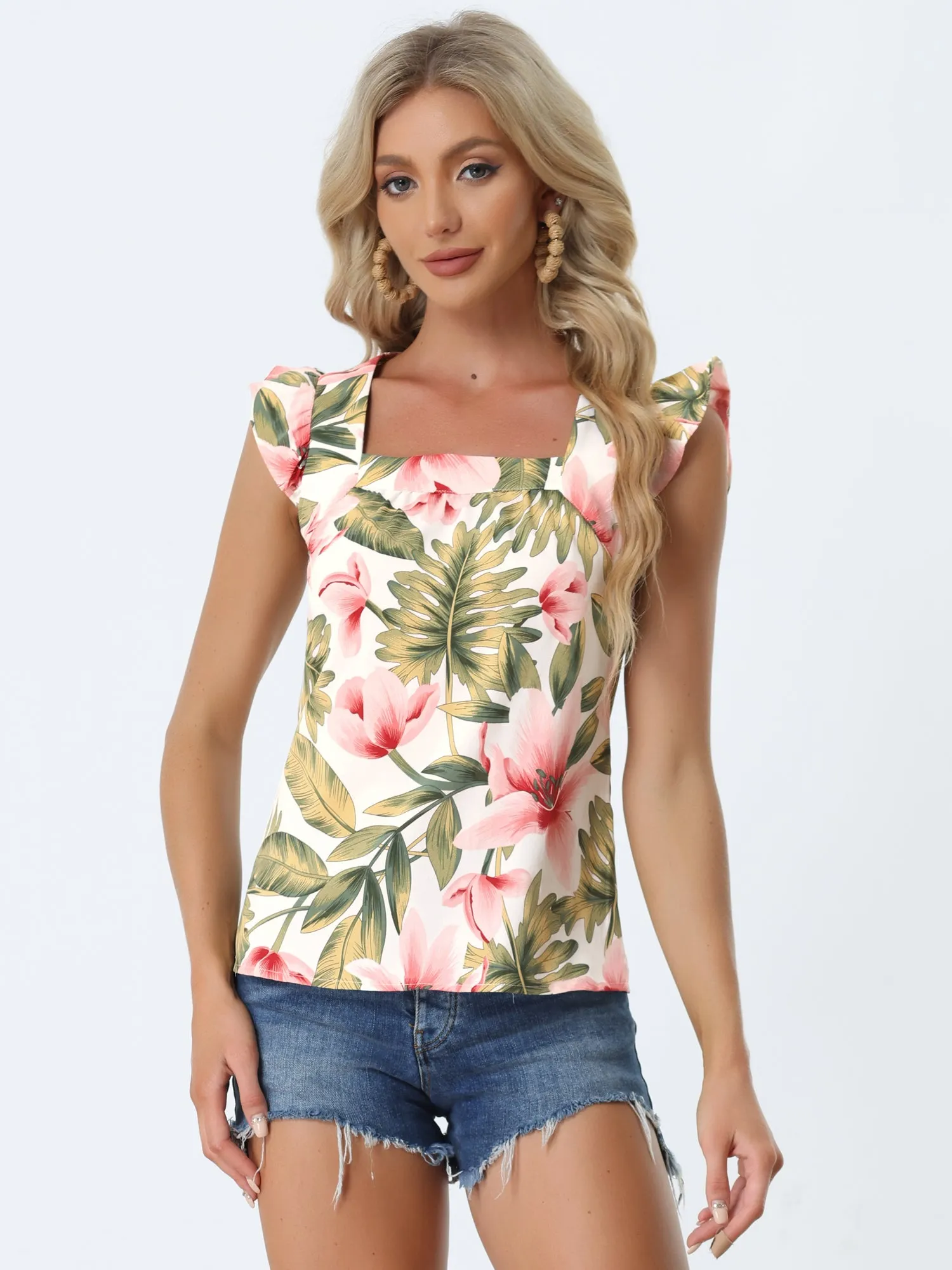 Tropical Printed Square Neck Ruffle Sleeve Tank Top