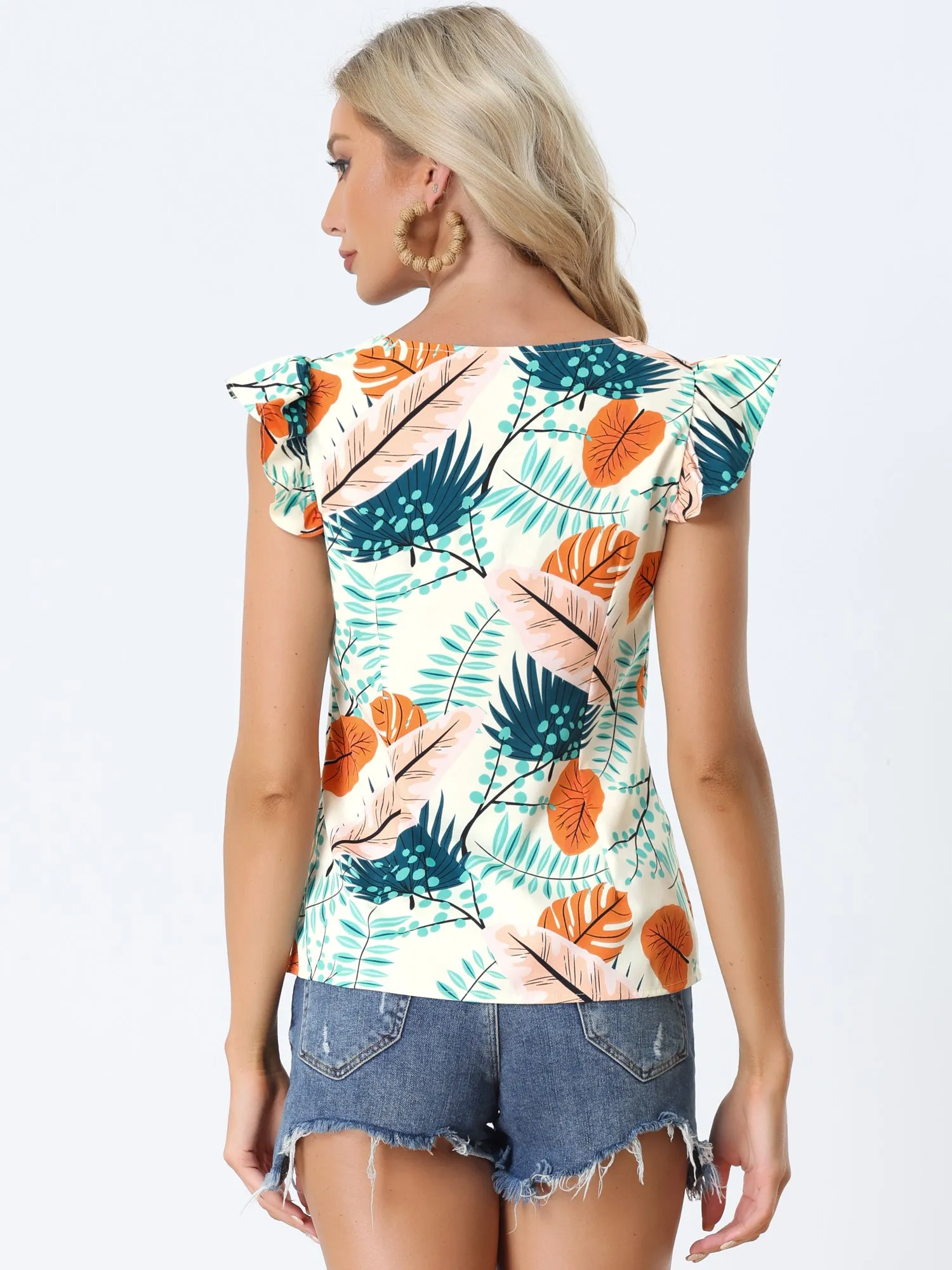 Tropical Printed Square Neck Ruffle Sleeve Tank Top