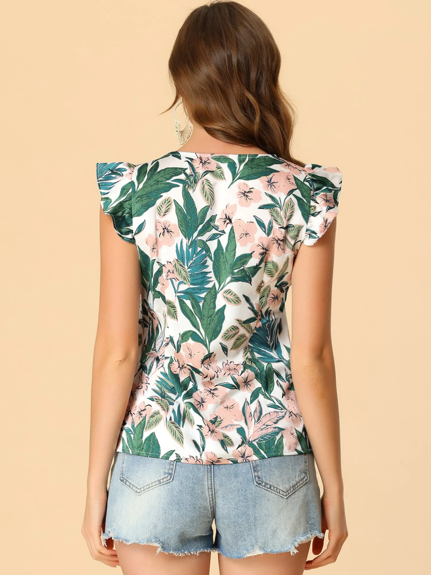 Tropical Printed Square Neck Ruffle Sleeve Tank Top