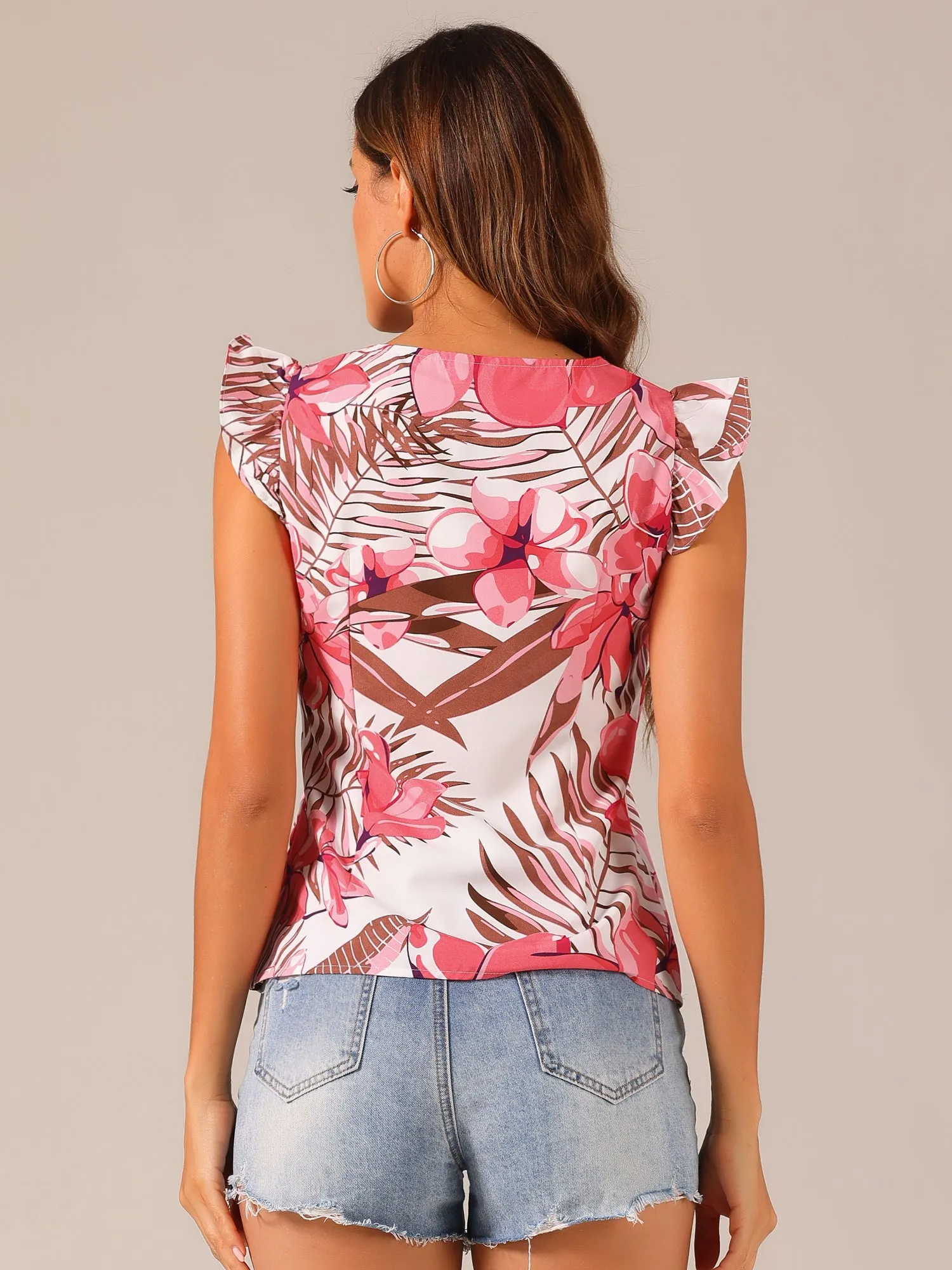 Tropical Printed Square Neck Ruffle Sleeve Tank Top