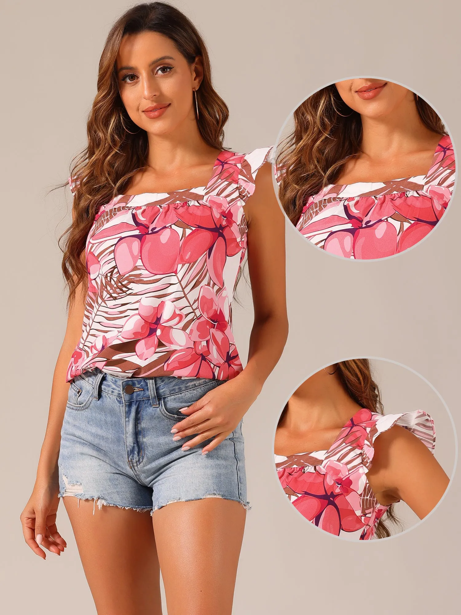Tropical Printed Square Neck Ruffle Sleeve Tank Top