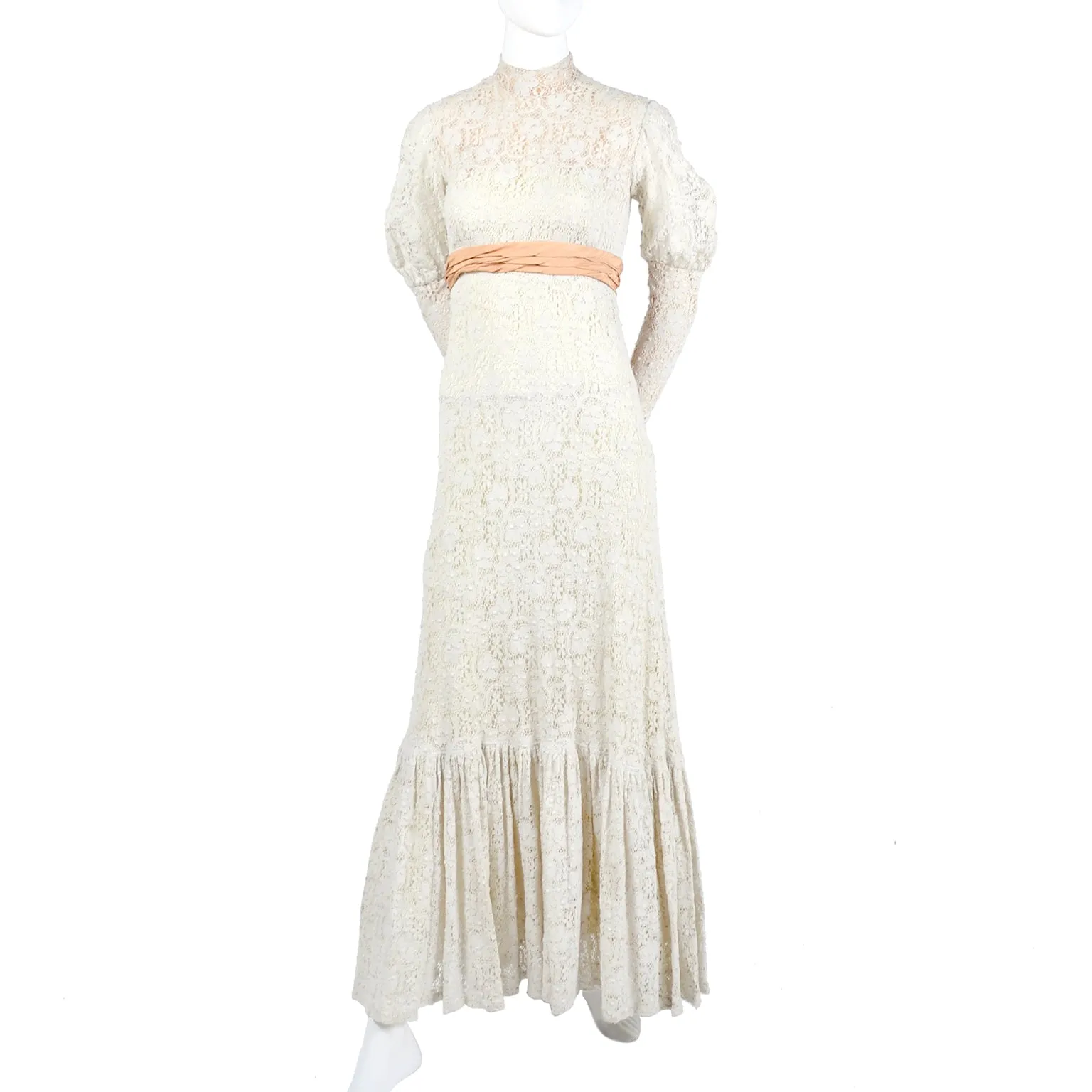 Victorian Antique Crochet Lace Wedding Dress High Collar Size 2