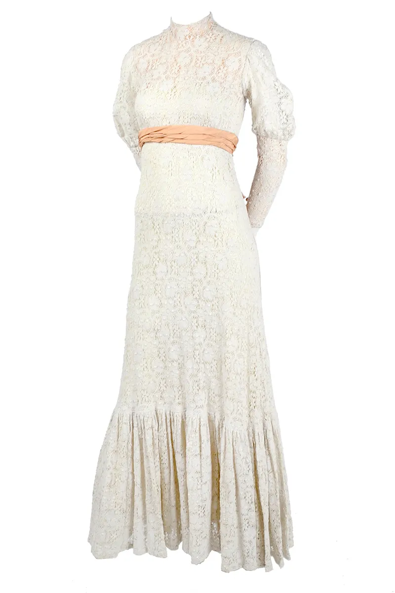 Victorian Antique Crochet Lace Wedding Dress High Collar Size 2
