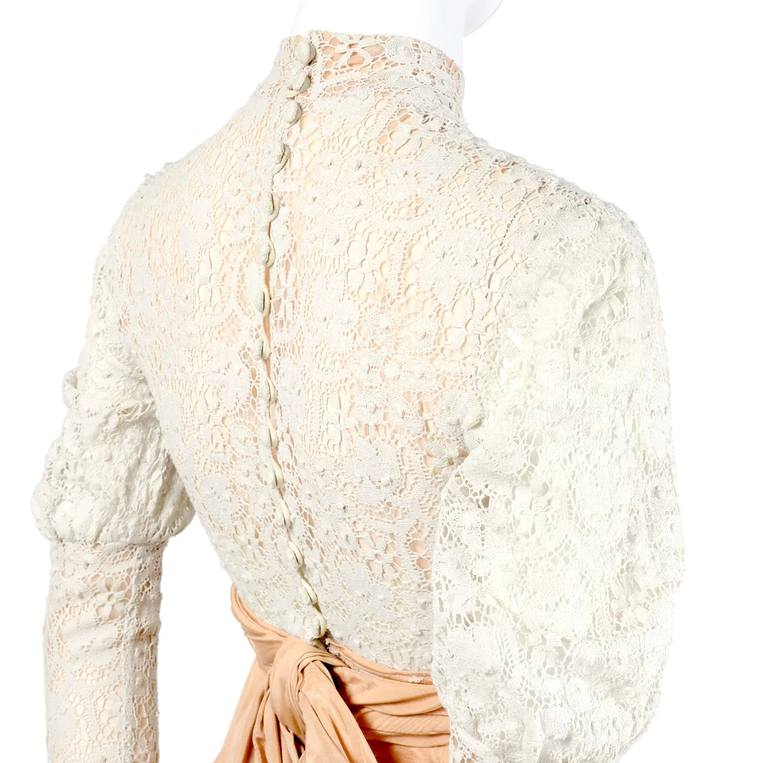 Victorian Antique Crochet Lace Wedding Dress High Collar Size 2