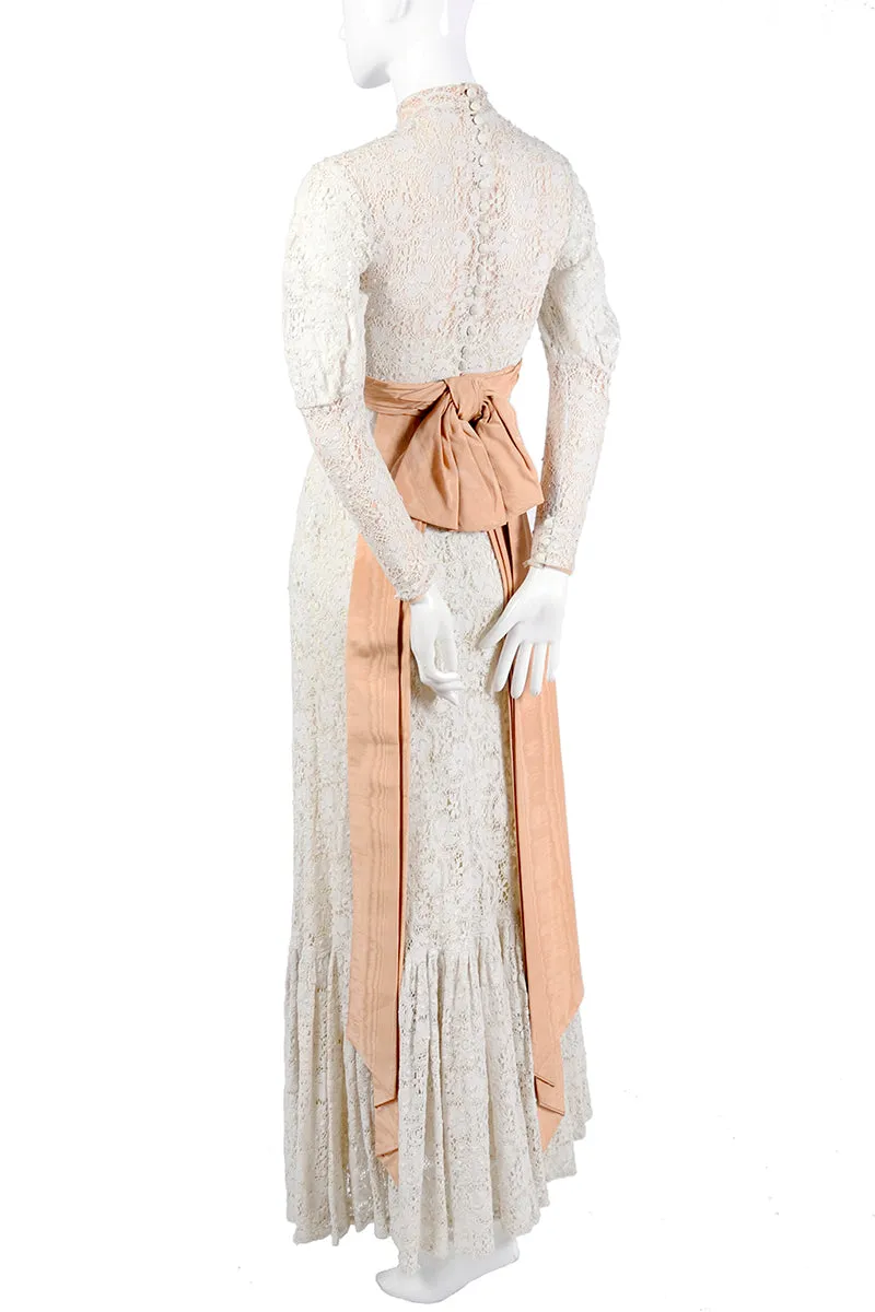 Victorian Antique Crochet Lace Wedding Dress High Collar Size 2