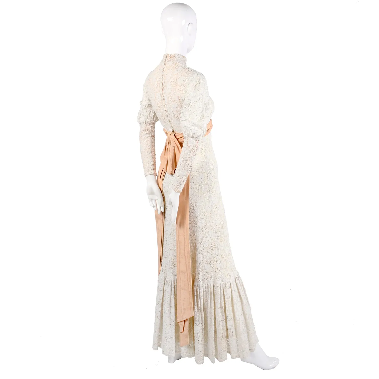 Victorian Antique Crochet Lace Wedding Dress High Collar Size 2