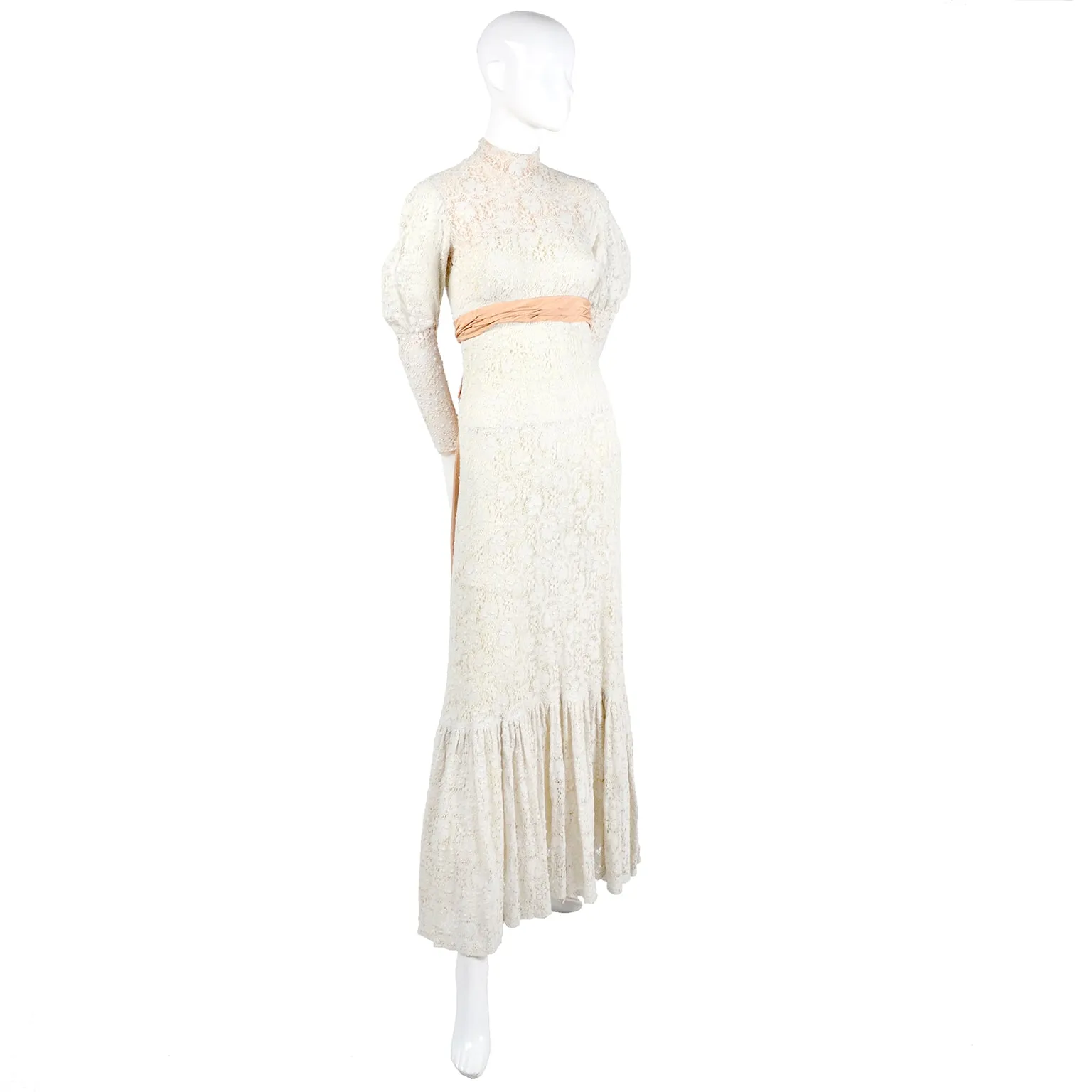 Victorian Antique Crochet Lace Wedding Dress High Collar Size 2
