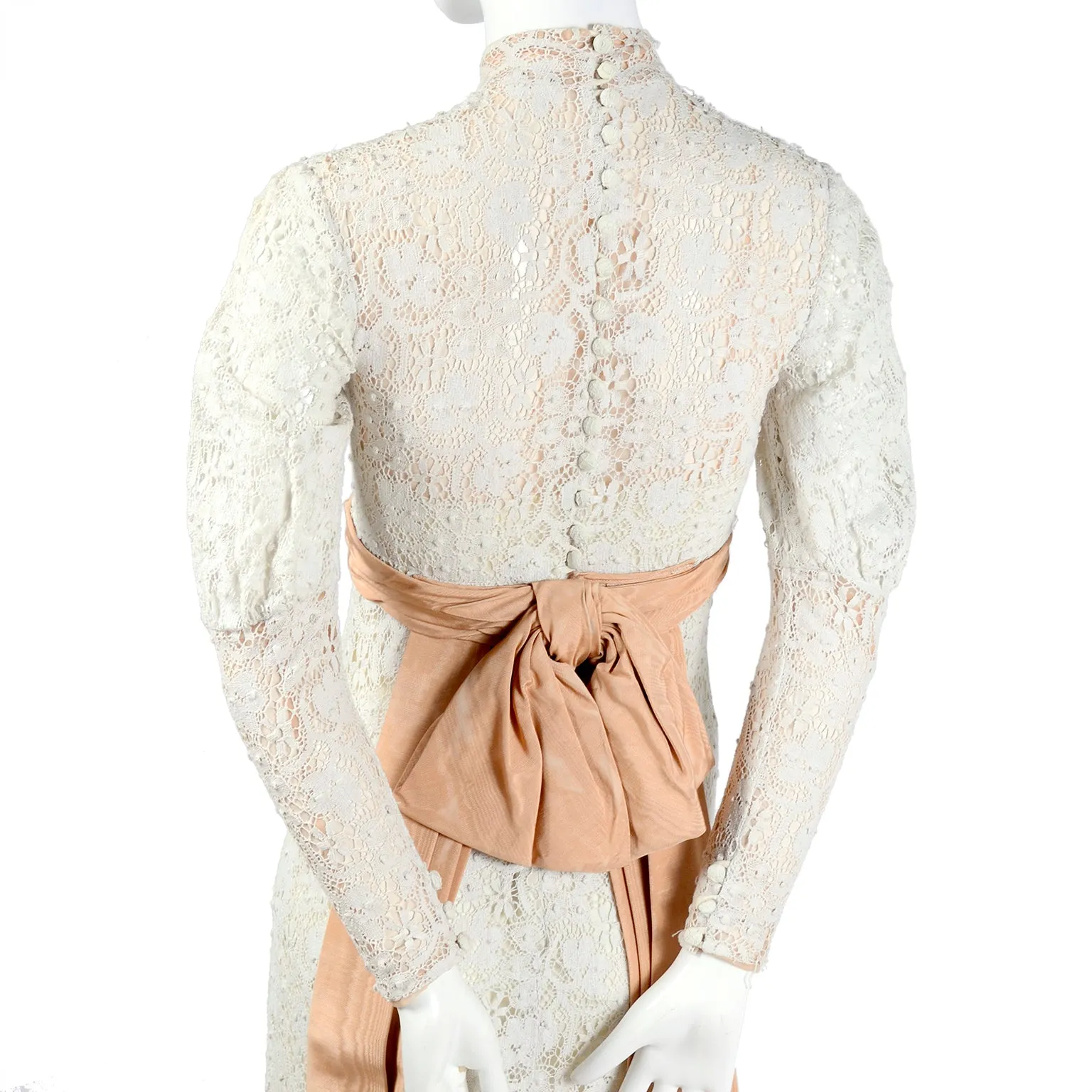 Victorian Antique Crochet Lace Wedding Dress High Collar Size 2