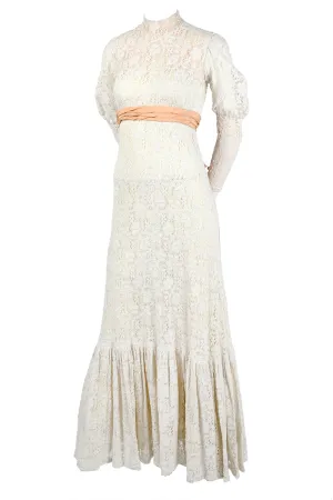 Victorian Antique Crochet Lace Wedding Dress High Collar Size 2
