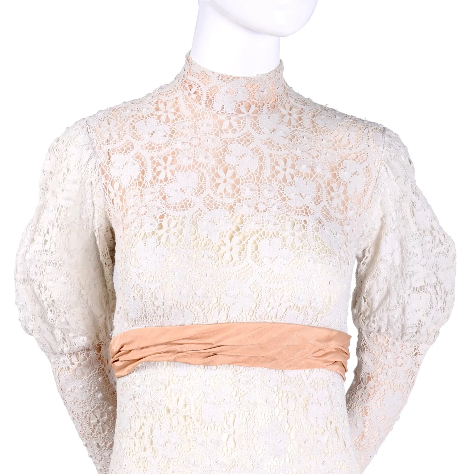 Victorian Antique Crochet Lace Wedding Dress High Collar Size 2