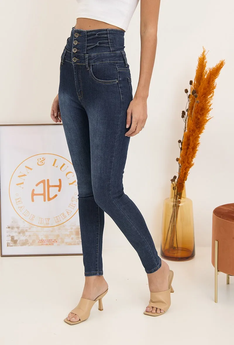 Wholesale Dark Blue Super High Waist Skinny Jeans With 4 Buttons